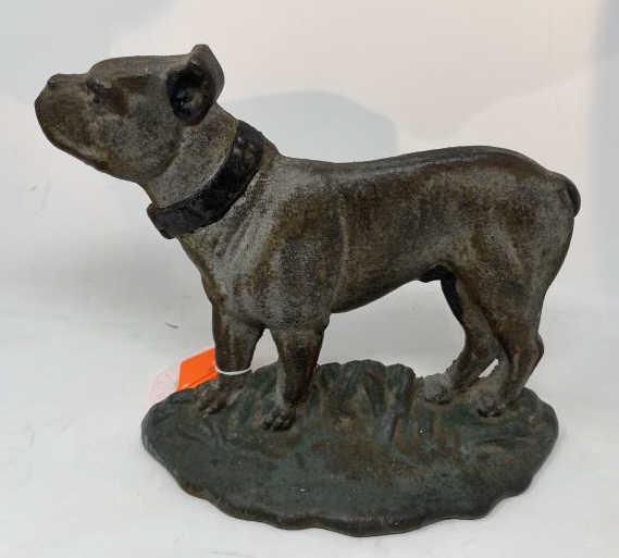 Door Stop Steel dog, green base, gray dog with black: Steel dog, green base, gray dog with black collar, paint worn, 9" x 10" wide x 3 1/2" base