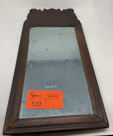 Queen Anne Wall Mirror Small, 21" tall x 10 1/2" wide,: Small, 21" tall x 10 1/2" wide, cut out top, silver (Blank) missing top edge of mirror & sides missing edges, old holes 3 corner reinforced with leather strap on back