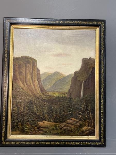 Painting oil on canvas Landscape, signed lower right: Landscape, signed lower right A.L. Ward, mountain & valley landscape with fine craquelure throughout 22 1/2 x 17 1/2 wide plus 2" frame