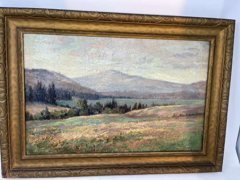 Painting Oil on Board Landscape signed lower left Conde: Landscape signed lower left Conde Wilson Hickok with illegible exhibition label, 12" tall x 18 1/2" wide plus 1 3/4 frame