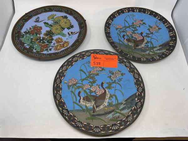 Lot of 3 CloisonnÃ© Plates (2) plate with duck, (1): (2) plate with duck, (1) plate with butterflies & flower, all dirty & some light scratches 12" diameter