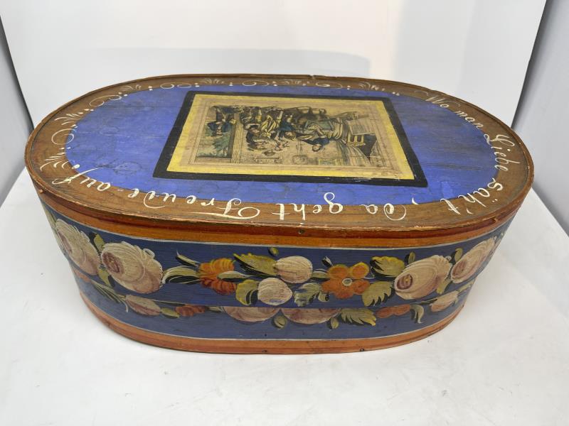 Scandinavian Decorated Box Painted decorated birds,: Painted decorated birds, good condition, some normal ware 6 1/4" tall x 11" x 18"