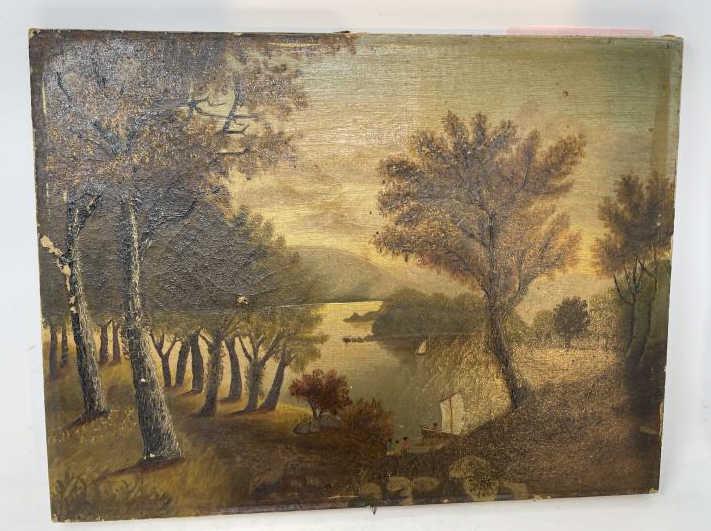 Painting Oil on Canvas Primitive Hudson Valley,: Primitive Hudson Valley, sailboats & figures, holes scrapes, dirty, paint loss, fine craquelure 12 1/2" x 16 1/2"