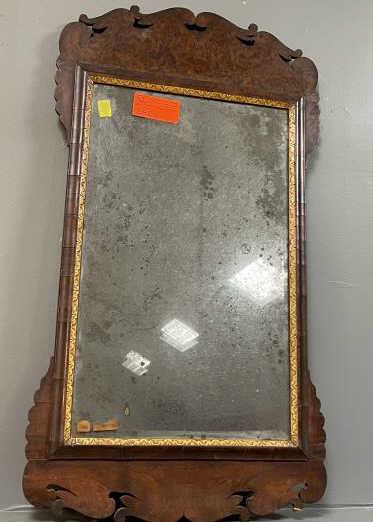 Burl Walnut Mirror Beveled glass with decorated inner: Beveled glass with decorated inner liner, veneer lifting in spots, old repair, 2 holes plugged top crest 44" tall x 24" wide