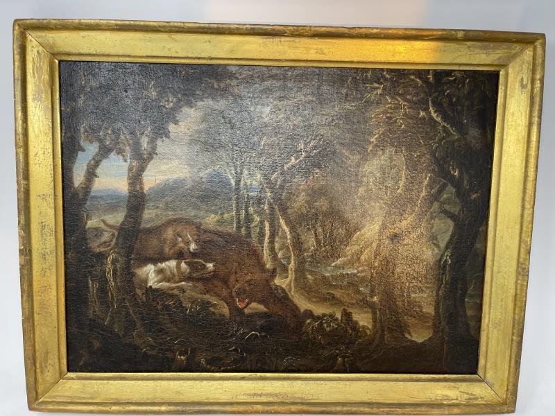 Painting Oil on Canvas Bear & 2 Dogs with landscape,: Bear & 2 Dogs with landscape, fine craquelure throughout, relined, 13 1/2" tall x 18 1/2" plus 1 1/2" frame