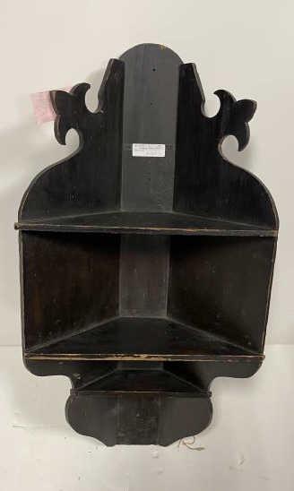 Corner Shelf Black Hanging wooden 3 shelf with cut out: Black Hanging wooden 3 shelf with cut out on top, worn paint, 36" tall x 19" wide x 7 1/2" deep