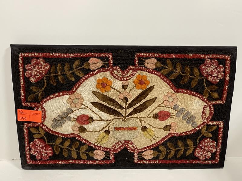 Hooked Rug Basket of flowers, mounted on frame, good: Basket of flowers, mounted on frame, good shape, 21" x 35 1/2"
