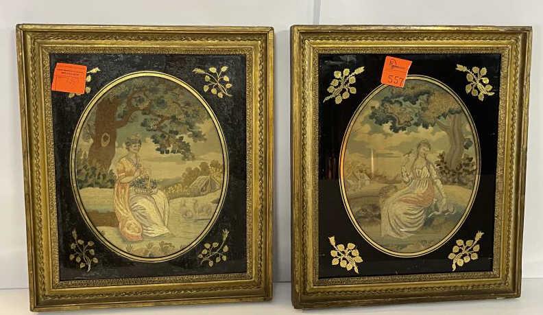 Crewel Work Needlepoint Portraits Lot of two, one of: Lot of two, one of lady with basket and sheep, oval, image 14" x 11" overall 20 1/2 x 17 1/2; Other one lady with bird and sheep, some rips in material, image 14" x 11" & overall 20 1/2 x 17 1/2; both