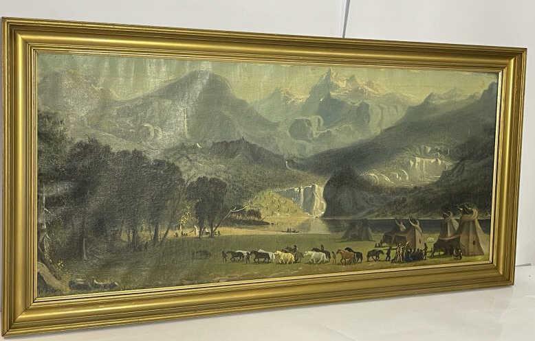 Painting Oil on Canvas Indian encampment with teepees,: Indian encampment with teepees, horses & mountains, craquelure & canvas warping, 18" x 40" plus 2" frame