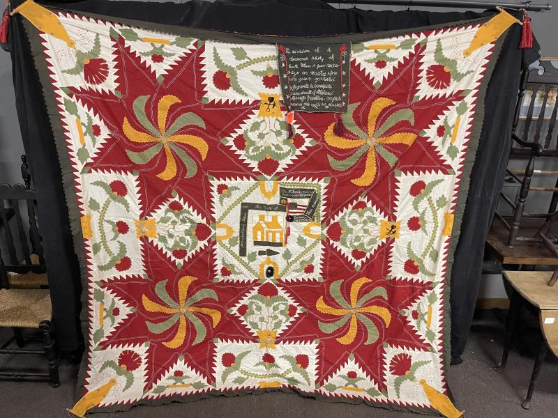 Quilt Top Applique Political WM Mc Kenkey & Theo: Political WM Mc Kenkey & Theo Roosevelt with political pin attached, hand stitched, dated 1910, 80" x 84" wide