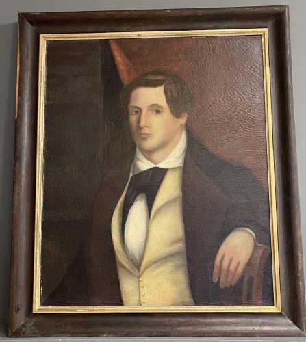 Painting Oil on Canvas Folk Art, portrait of gentleman,: Folk Art, portrait of gentleman, red drape, old repairs & craquelure throughout, relined, 30" x 25 1/2" plus 3" frame