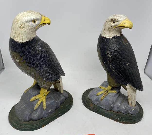 Pair of Eagle Statues Metal, paint worn, rust coming: Metal, paint worn, rust coming thru & peeling; 13 1/2" tall