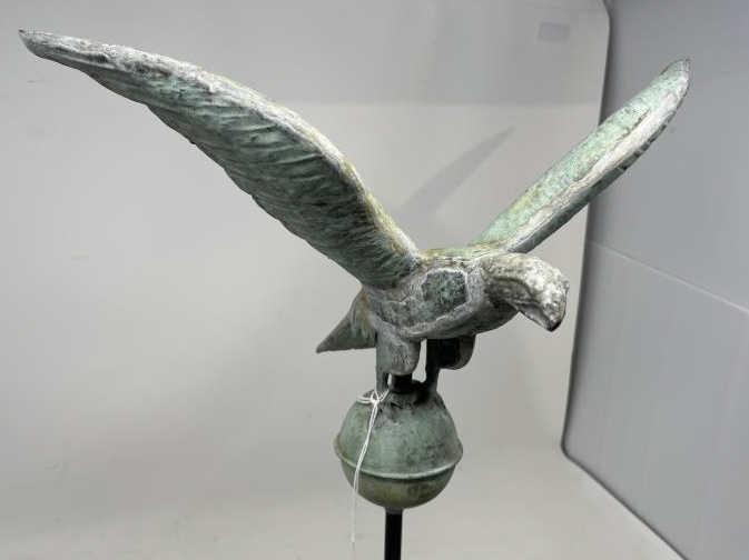 Eagle On Ball Weathervane Eagle on ball, leaded joints: Eagle on ball, leaded joints & zinc support around tail feather, 11" tall x 15 1/2 wing span