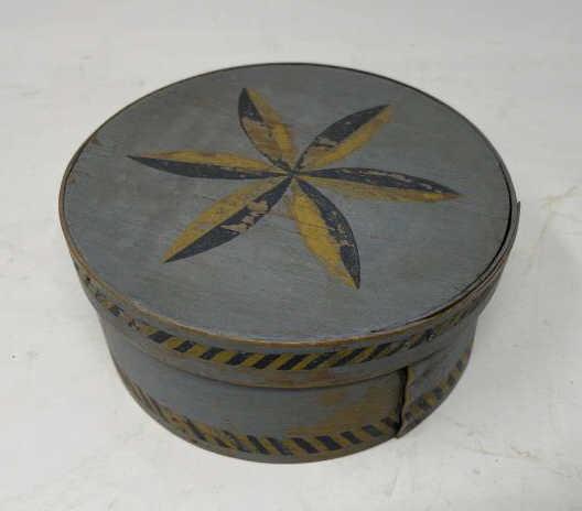 Pantry Box Decorated with pinwheel & line; paint worn,: Decorated with pinwheel & line; paint worn, 3" x 6 1/2"