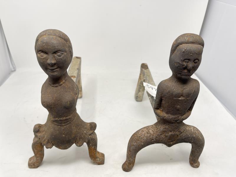 Pair of Figural Andirons Man & Woman, rusted & pitted,: Man & Woman, rusted & pitted, 11" tall x 13" deep