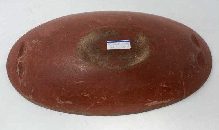 Chopping Bowl Wooden oval with 4 finger notches, red: Wooden oval with 4 finger notches, red paint worn & lifting 3" tall x 9" x 17"