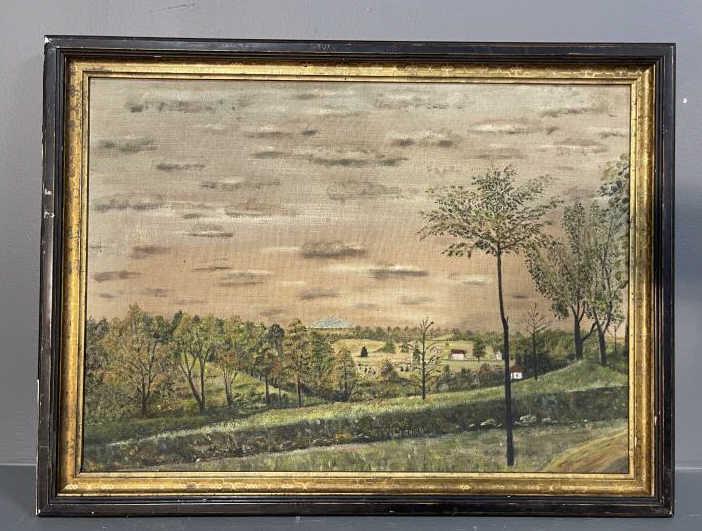 Painting Oil on Canvas Country Village scene landscape,: Country Village scene landscape, very thin almost see thru, canvas repair center left, Folk Art, other light canvas spots, small barns, puffy clouds, mountain in center, 15 1/2" tall x 22" wide plus 1