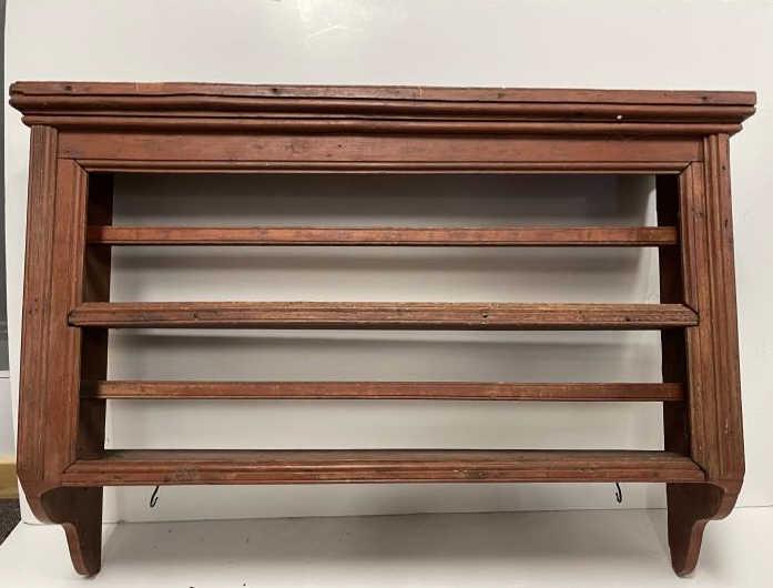 Country Plant Shelf Red paint worn, repairs, worm: Red paint worn, repairs, worm holes, some rot, 31" tall x 44" wide x 11" deep