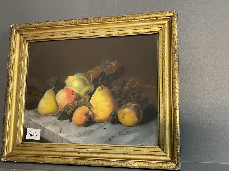 Pastel Drawing Still life of fruit on shelf, signed on: Still life of fruit on shelf, signed on reverse Miss Blackman, frame has nicks, scratches, chipped corners, 13 1/2" x 17 1/2" plus 2 1/2" frame