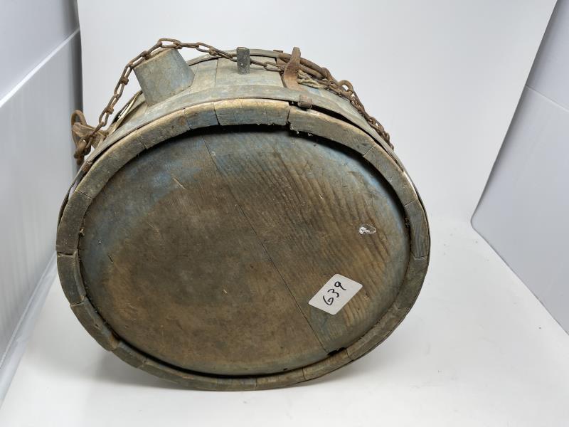 Wooden Large Canteen Wooden with some old green paint: Wooden with some old green paint still present, 14" x 6 1/2" diameter