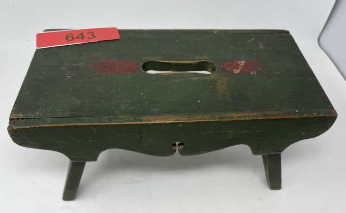 Painted Decorated Stool Green with red tulip, cut out: Green with red tulip, cut out handle on top, paint worn & scratched, 5 3/4" tall x 6" x 11 1/2" long