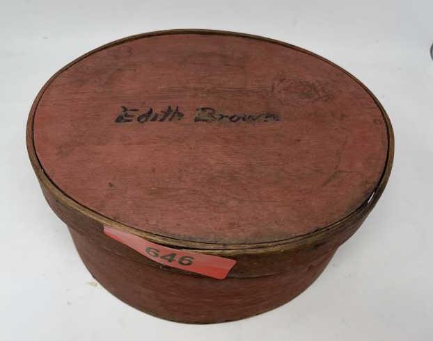 Red Pantry Box Red "Edith Brown", top band split, paint: Red "Edith Brown", top band split, paint worn, 5 3/4" tall x 9 3/4 x 11 3/4