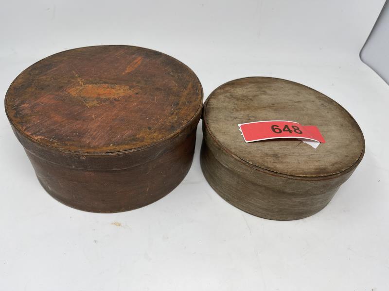 (2) Pantry Boxes Lot of two, natural color & tan paint,: Lot of two, natural color & tan paint, scratched & worn, 3 1/2" tall x 7" diameter, 3 1/2" tall x 8" diameter
