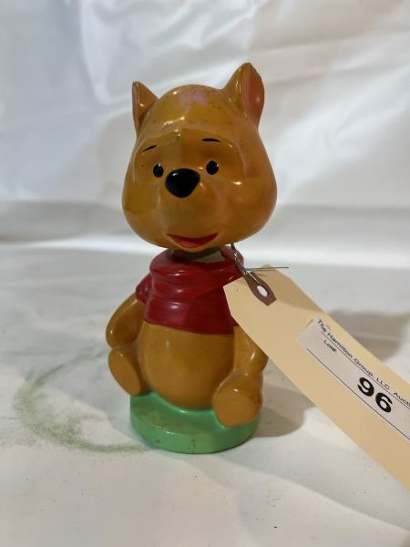 Vintage Winnie The Pooh Nodder with Paper Label: Vintage Winnie The Pooh Nodder with Paper Label Walt Disney Productions, Made in Japan, Paper Mache, Chip on One Ear, Paint Loss on Red Shirt Under Chin & Back of Neck, Some Minor Wear