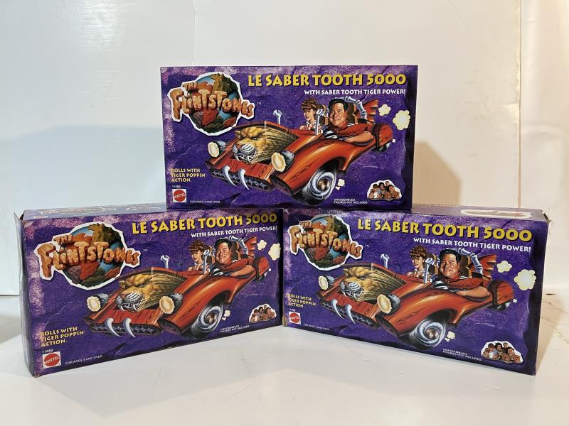 Lot of (3) Mattel The Flintstones LeSaber Tooth: Lot of (3) Mattel The Flintstones LeSaber Tooth 5000 Car, In Original Boxes