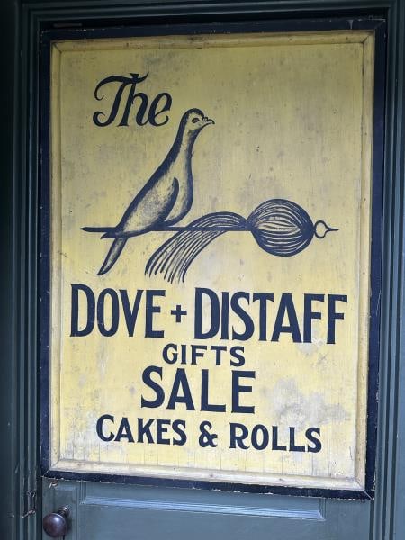 Painted Sign, Wood Veneer, 'The Dove & Distaff Gif: Painted Sign, Wood Veneer, 'The Dove & Distaff Gifts Sale Cakes & Rolls', 27.5"W X 37.5"T x 2"D, Veneer cracking and lifting a long bottom