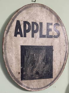 Sign, wooden, hand-painted, 'Apples', 17.5"W x 21.5: Sign, wooden, hand-painted, 'Apples', 17.5"W x 21.5"T, Oval