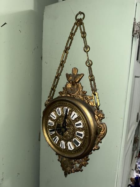 Brass hanging wall clock, enameled numbers, brass (1 of 5)