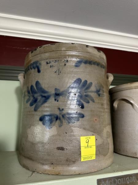Crock, 4 gal, L + B. A. Chace Somerset: Crock, 4 gal, L + B. A. Chace Somerset, blue flower, some discoloration and staining, rim chips, hairline cracks