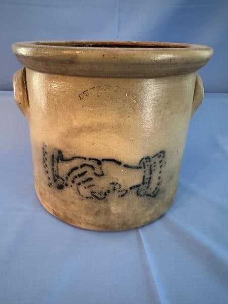 Crock, Syhan Bros. Stoneware Somerset MA: Crock, Syhan Bros. Stoneware Somerset MA, double handled, blue friendship hands, hairline crack, some discoloration, 7"T x 8.25" Diameter