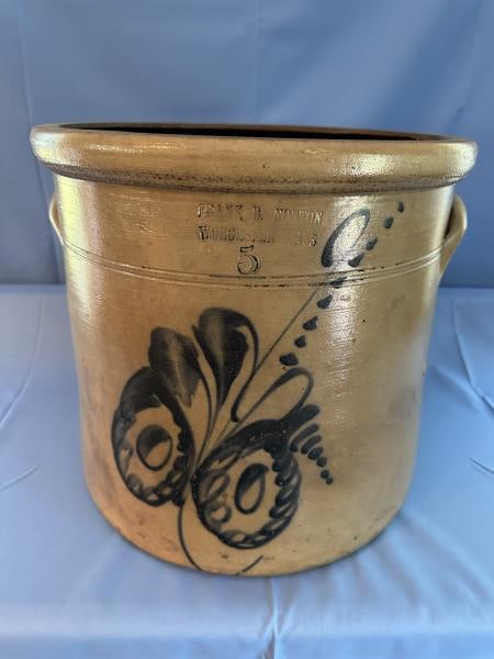 Crock, 5 gal, Frank B. Norton Worcester MA, double: Crock, 5 gal, Frank B. Norton Worcester MA, double handle, crack, some flacking & chipping, some discoloration, 12"T x 13" diameter