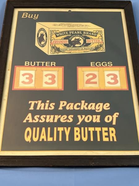 Advertising sign, White Pearl Brand Creamery Butte: Advertising sign, White Pearl Brand Creamery Butter, cardboard/framed, 10.5"x13.5" plus 3/4" frame