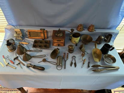 Kitchen & Miniature Items, Large Misc. Lot - Coffe: Kitchen & Miniature Items, Large Misc. Lot - Coffee grinder, cheese cutter, (2) ice cream scoops, cheese grater, cookie cutter, mini curling iron, pie crimper, scoops, nutmeg grinder, tongs, 2 cooper