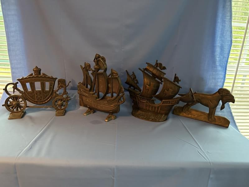 4 Doorstops -  2 cast iron ships, Brass Dog 6"tall (1 of 6)
