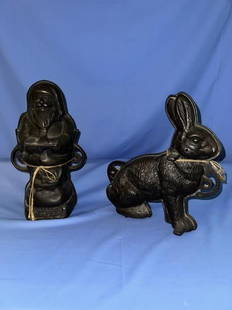 2 Cake Molds - Bunny 11"tall, Santa 12"tall stampe: 2 Cake Molds - Bunny 11"tall, Santa 12"tall stamped 'Hello Kiddies', both marked Griswold, both cast iron