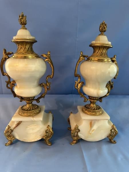 Pair of Marble/Alabaster Urns, 13" tall: Pair of Marble/Alabaster Urns, 13" tall, one urn slightly bent