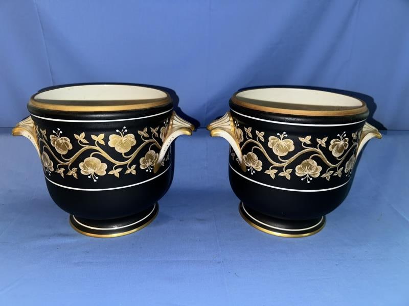 Pair of handled Vases, black with gold floral desi (1 of 5)