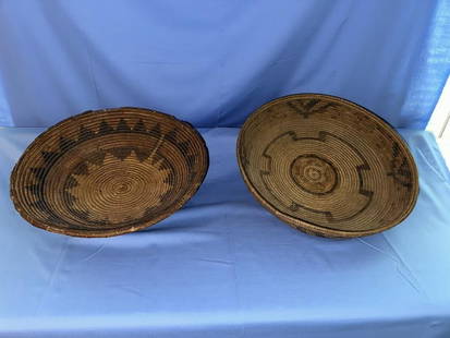 Native American Baskets, 2.5"Tx14.5"D - good condi: Native American Baskets, 2.5"Tx14.5"D - good condition, 4"Tx14"D - some of upper rim damaged & missing