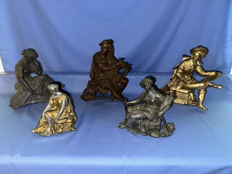 5 Pot Metal Statues, figural, from 6" to 10" tall (1 of 6)