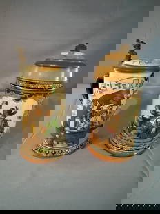 2 Mettlach Steins (1) Women and Tavern Beer Stein: 2 Mettlach Steins - (1) Women and Tavern Beer Stein #2090, 1/2 liter, design by Heinrich Schlitt, 8.5" tall to top of finial. (2) Single Man with raised Stein #2050, 1/2 liter, 9" tall