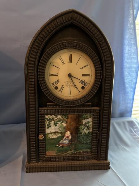 Clock, Mantel, reverse painting on glass of lady (1 of 8)