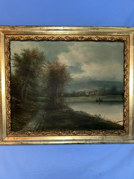 Painting, Oil on Canvas, Hudson River Scene: Painting, Oil on Canvas, Hudson River Scene, Sign lower left 'DuBois". Title on reverse - Hudson River by Victor DuBois, dated 1896, will need cleaning, overall good condition - some varnish bubbling 