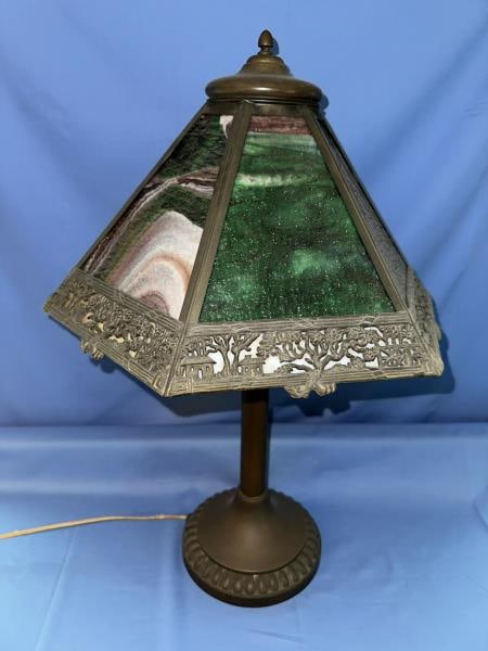 Parlor Lamp, Carmel Slag, 6 panels, 2 panel cracke (1 of 5)