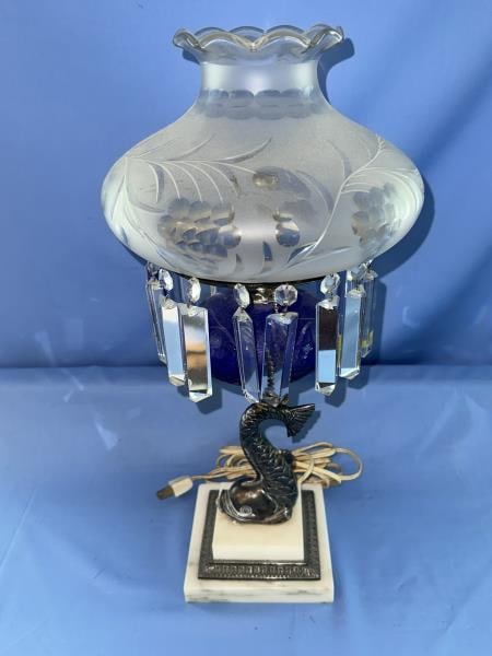 Lamp, marble & dolphin table, glass prisms and etc (1 of 6)