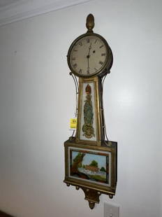 Banjo Clock, painted glass doors, acorn finial: Banjo Clock, painted glass doors, acorn finial, painted tin dial, wt. & pendulum, 39.5" tall