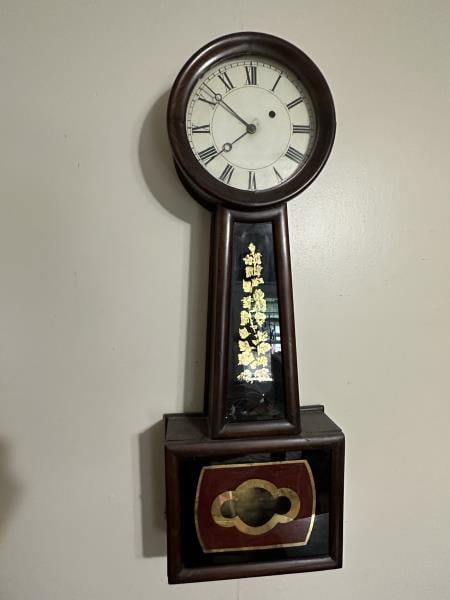 Banjo Clock, Mahogany, lower painted doors, floral: Banjo Clock, Mahogany, lower painted doors, floral center design, wt. & pendulum, no key, painted tin dial - some damage, 29" tall